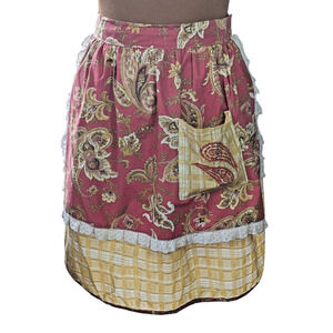 VTG Half Apron Embroidered Paisley Plaid Pocket Handmade Maroon Gold 70s Hostess